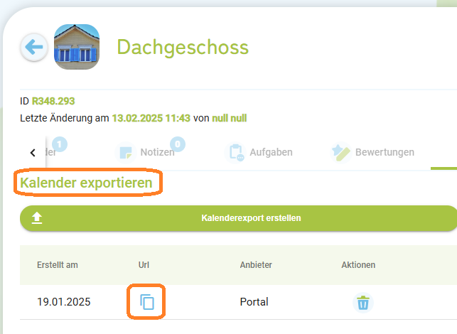 Unterkunft - iCal Export Link kopieren und beim Portal einfügen1