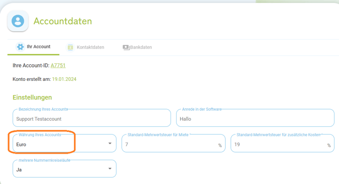 Accountdaten - Währung ändern in der Software