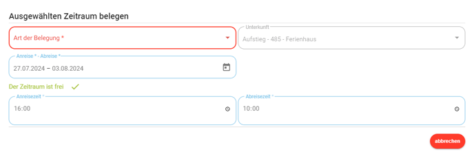 Belegungskalender - Buchung über den Belegungskalender erstellen2