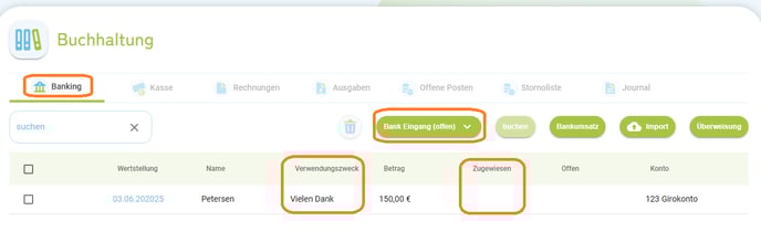 Buchhaltung - Bankumsatz manuell einer Buchung zuordnen1