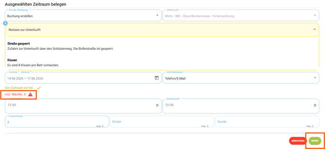 Buchung unterschreitet Mindestmietdauer