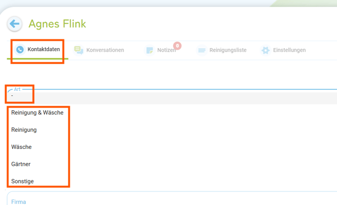 Dienstleister - Art der Dienstleistung (z.B. Reinigung, Wäsche, Gärtner) hinterlegen1