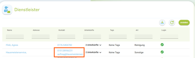 Dienstleister - Kontaktdaten in der Übersichtsliste anzeigen1