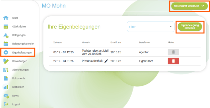 Eigentümer-Login - Eigenbelegungen selbst erstellen und löschen4