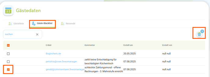 Gästeliste - Gast von der Blacklist entfernen1neuer