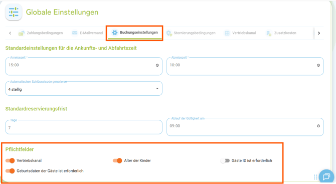 Globale Einstellungen - Buchungseinstellungen - Pflichtfelder für die Buchung festlegen1