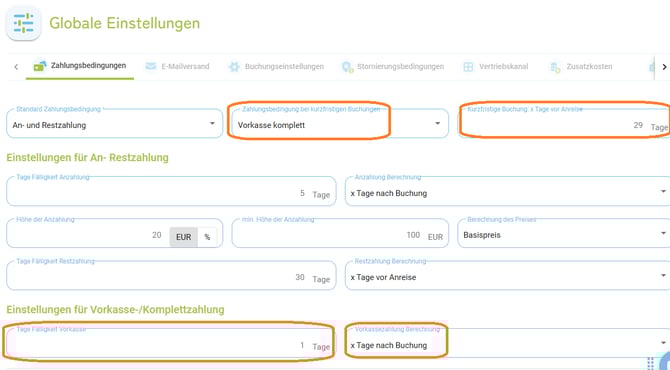Globale Einstellungen - Zahlungsbedingungen kurzfristige Buchungen2