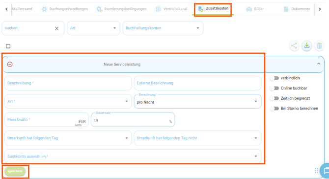 Globale Einstellungen - Zusatzkost erstellen