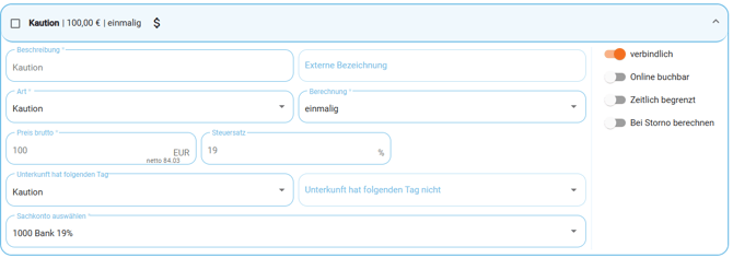 Globale Einstellungen - Zusatzkosten - Kaution