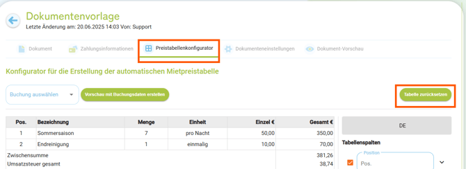Dokumentenvorlagen - Preistabellenkonfigurator 1