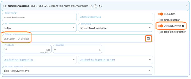 Zusatzkosten - Kurtaxe pro Saison zeitlich begrenzen1