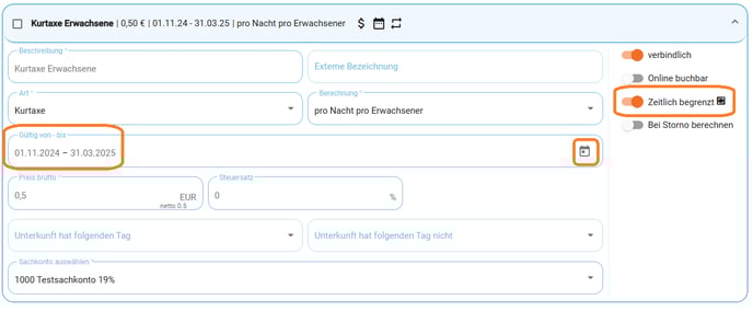 Zusatzkosten - Kurtaxe pro Saison zeitlich begrenzen1