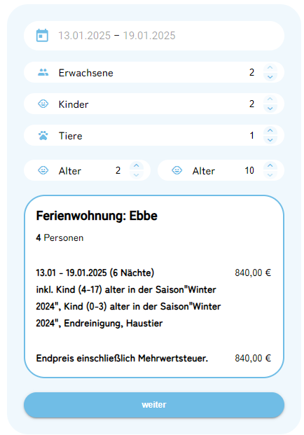 Ansicht Buchungs- Anfragemaske im Homepage-Modul2