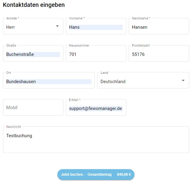 Ansicht Buchungs- Anfragemaske im Homepage-Modul4