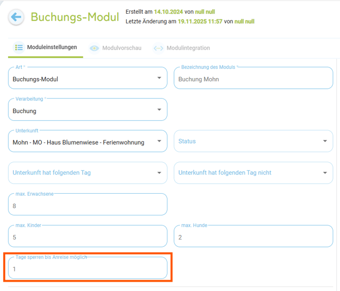 Homepage-Modul BuchungAnfrage - Vorausbuchungsfrist festlegen1