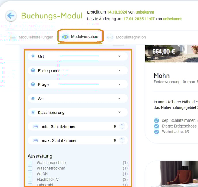 Homepage-Module Buchung Anfrage verfeinern mit Filtern2