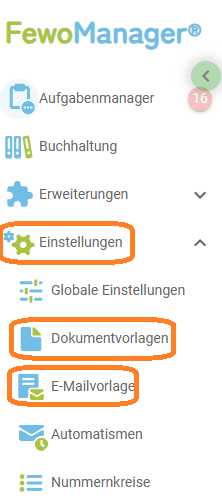 Menü - Dokumenten- und E-Mailvorlagen