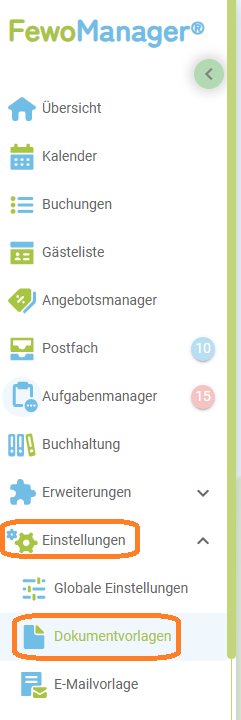 Menü - Dokumentenvorlagen