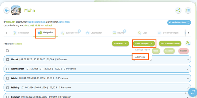 Unterkunft - Mietpreise (vergangene)1
