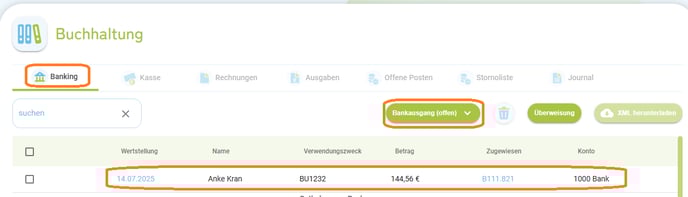 Buchung Geldtransfer zu einer Überweisung4