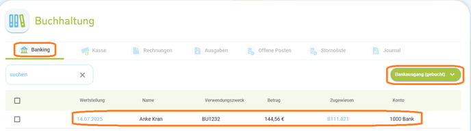Buchung Geldtransfer zu einer Überweisung6