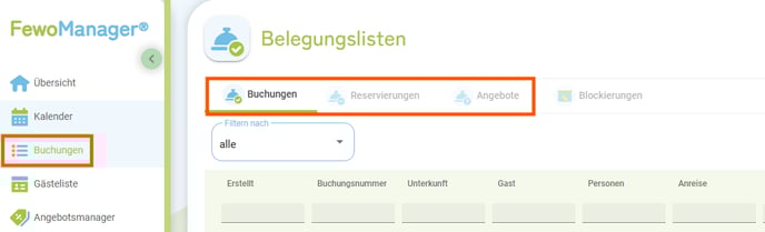 Menü - Buchungen Reservierungen Angebote