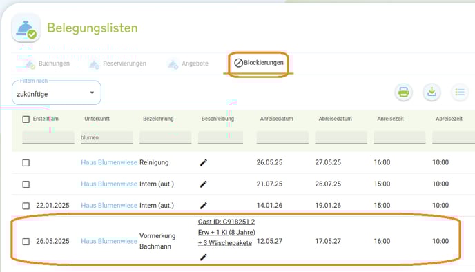 Vormerkungen Vorreservierungen erstellen - Saison hat noch keine Preise5