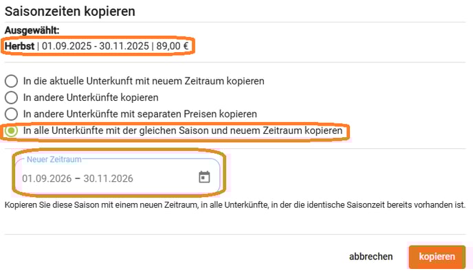 Unterkunft - Mietpreise kopieren in alle Unterkünfte mit der gleichen Saison und neuem Zeitraum kopieren6